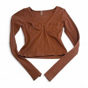 Ribbed Brown Long Sleeve Top